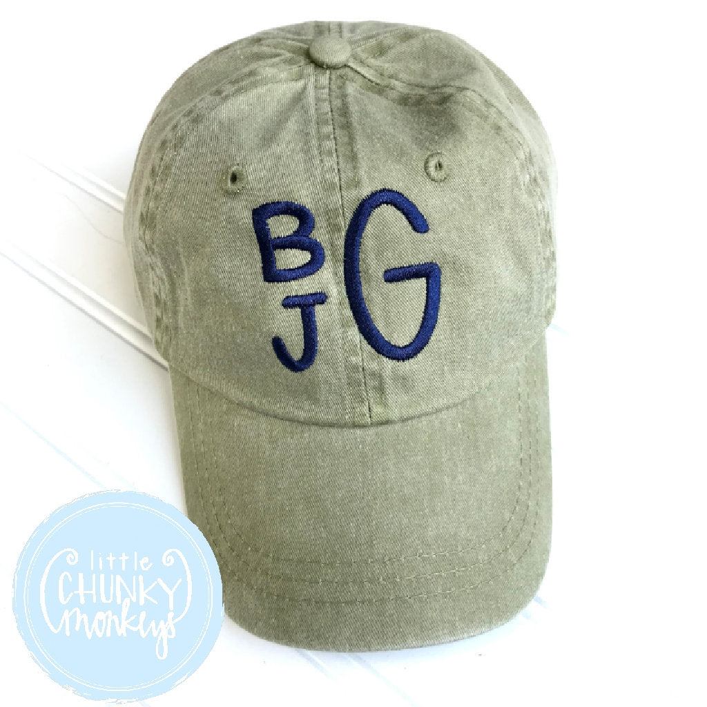 Toddler Kid Hat - Navy Stacked Monogram on Olive Hat