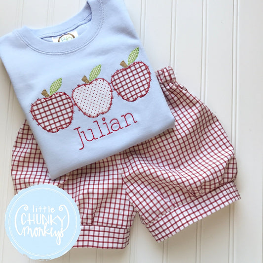 Boy Outfit - Back To School Shirt - Apple Trio Applique Shirt on Light Blue