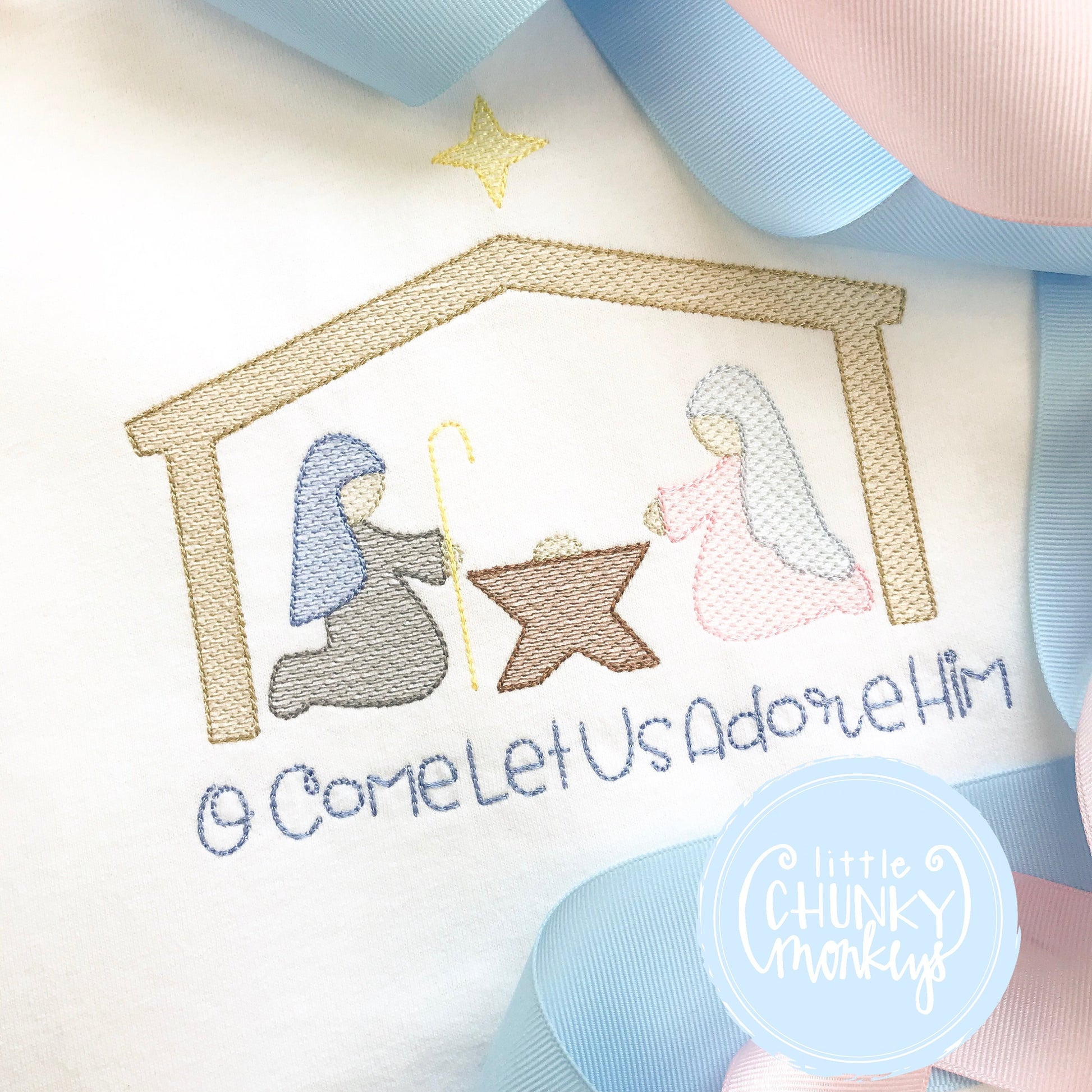 Girl Shirt - Vintage Stitched Nativity Scene with Personalization