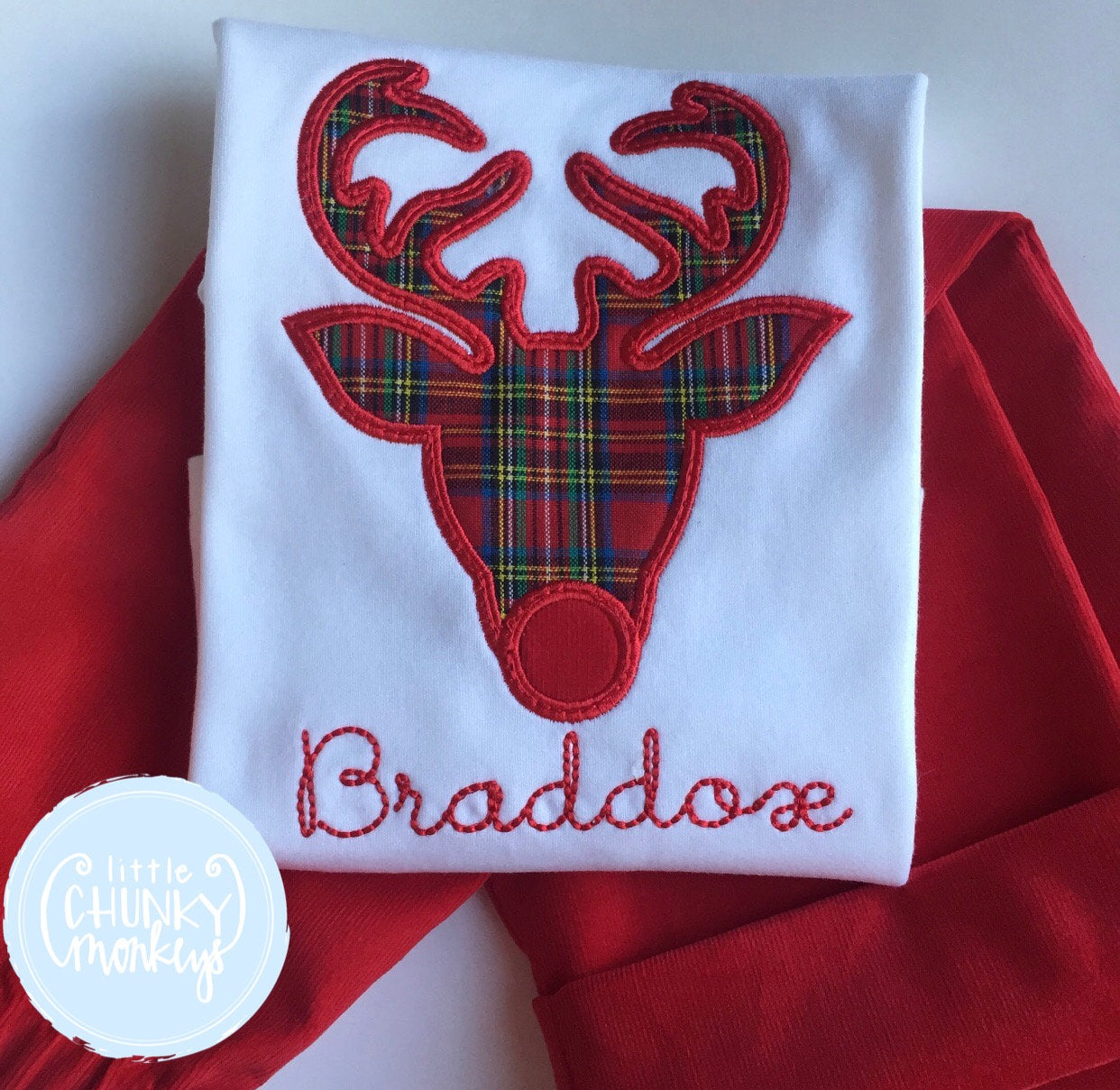 Boy Shirt - Applique Reindeer in Tartan + Personalization