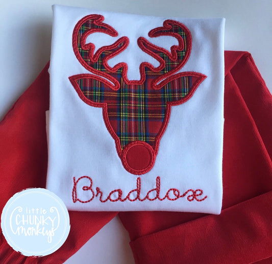 Boy Shirt - Applique Reindeer in Tartan + Personalization