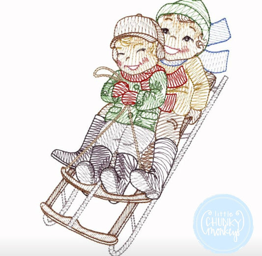 Boy Shirt - Vintage Stitch Boys Riding Sleigh