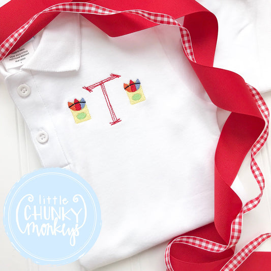 Boy Polo Shirt - Back To School Polo Shirt - Personalized Polo Shirt with single initial and mini pack of crayons on each side.