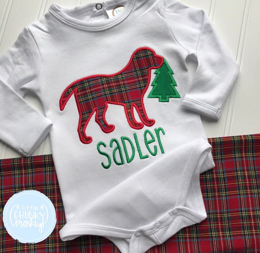 Boy Shirt - Tartan Dog Holding Christmas Tree with Personalization