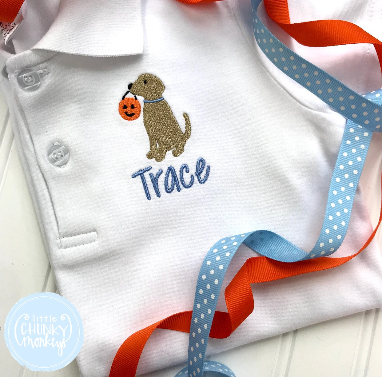 Boy Polo Shirt - Mini Trick or Treat Dog + Personalization