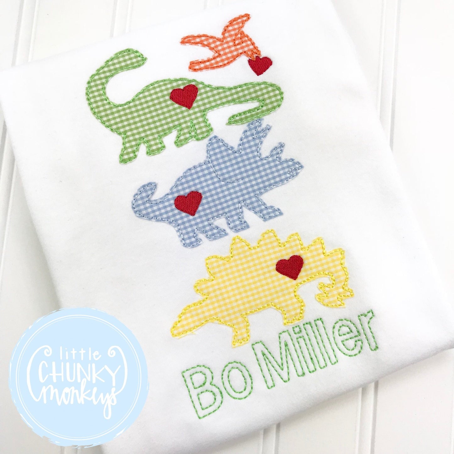 Boy Shirt - Valentine Shirt-Stacked Monogrammed Dinosaur with Hearts + Personalization