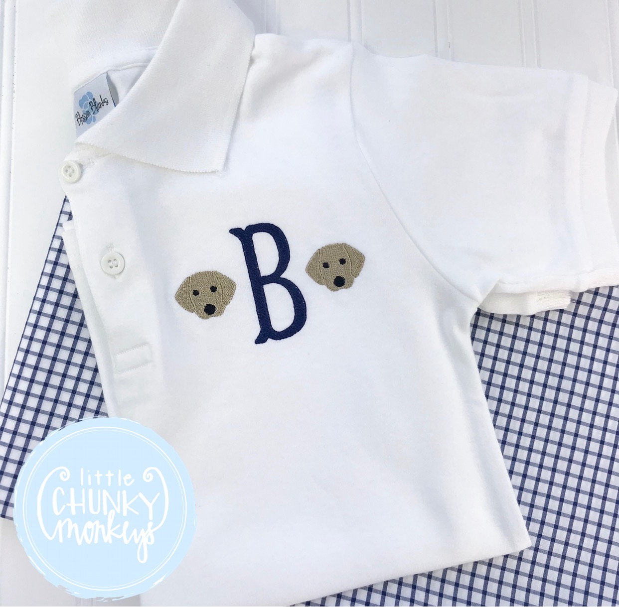 Boy Polo Shirt - Single Initial with Mini Dogs on White Polo Shirt