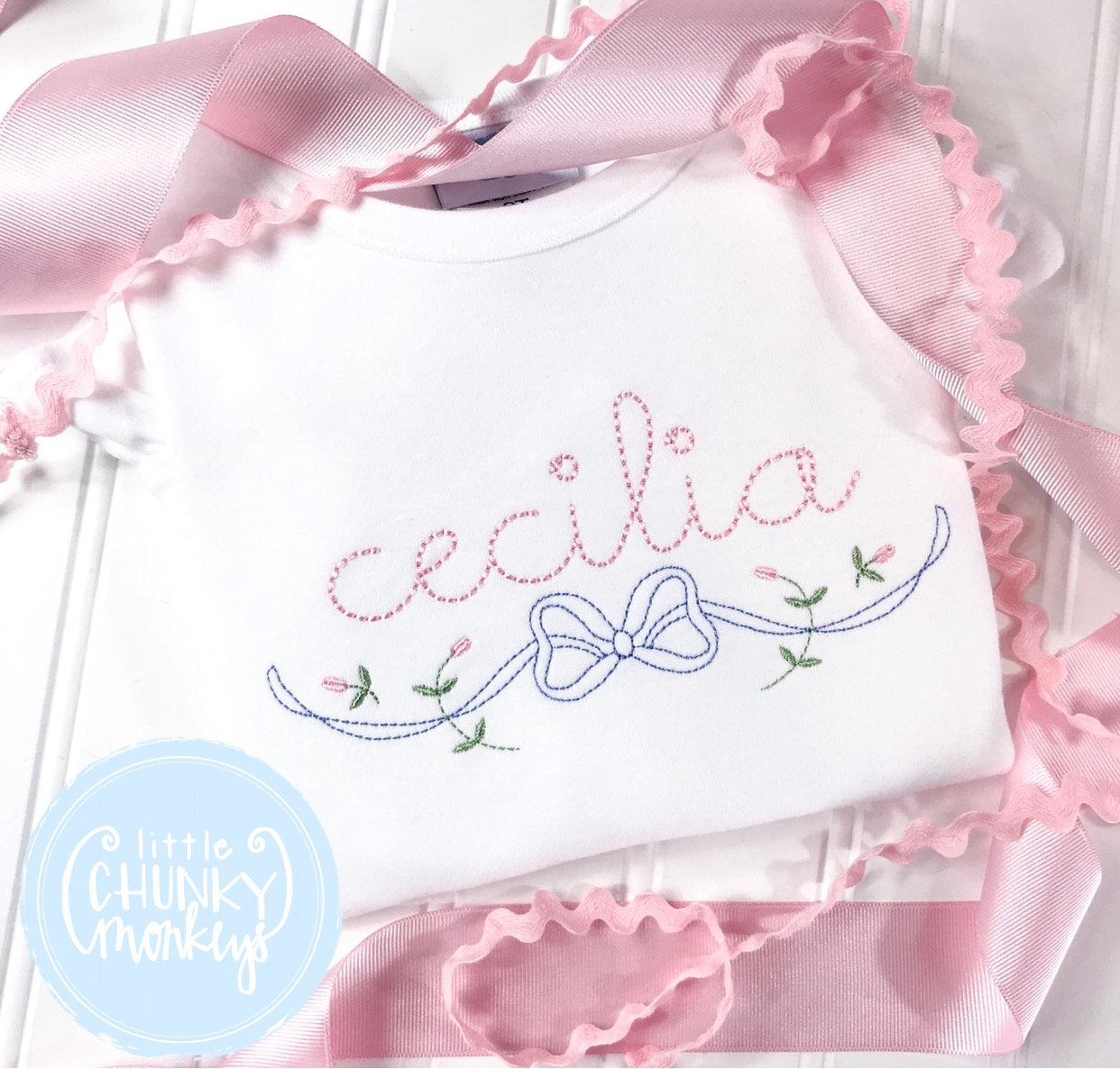 Girl Shirt - Stitched Name with Bow and Flowers