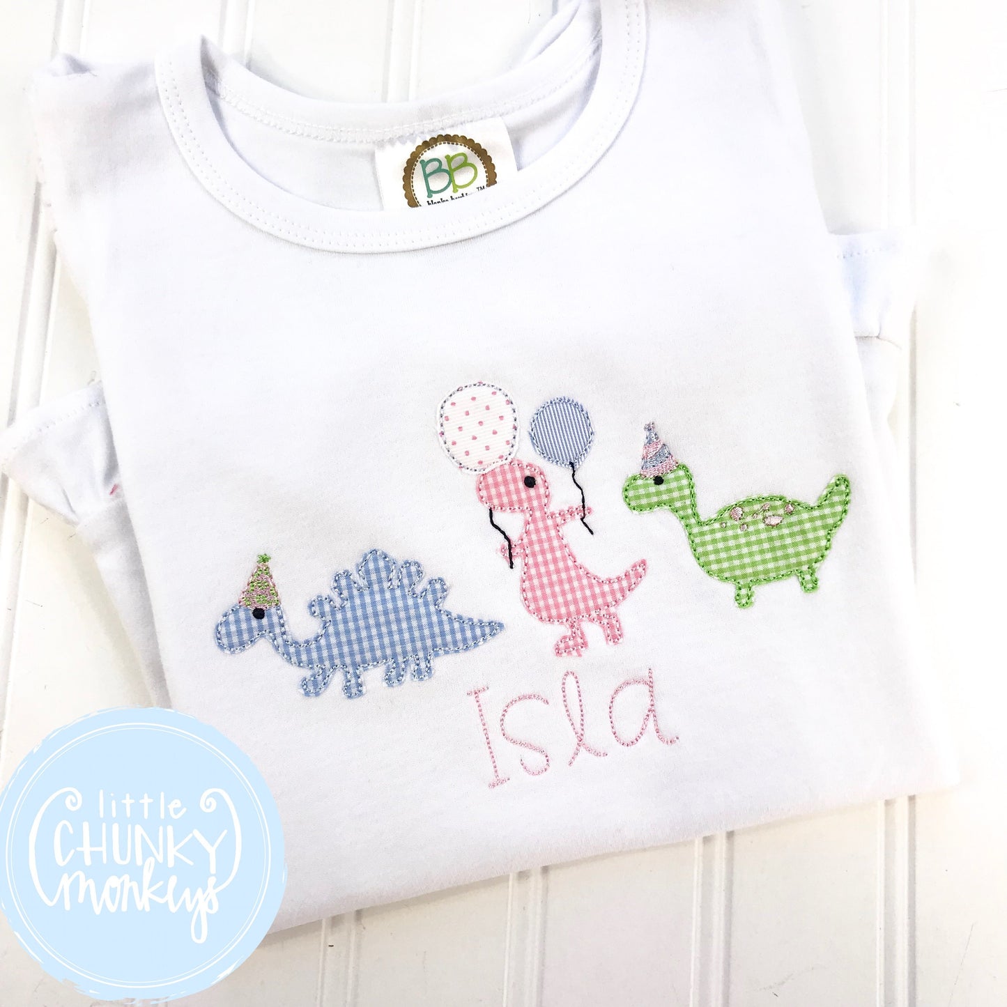 Girl Shirt - Applique Marching Birthday Party Dinosaurs + Personalization