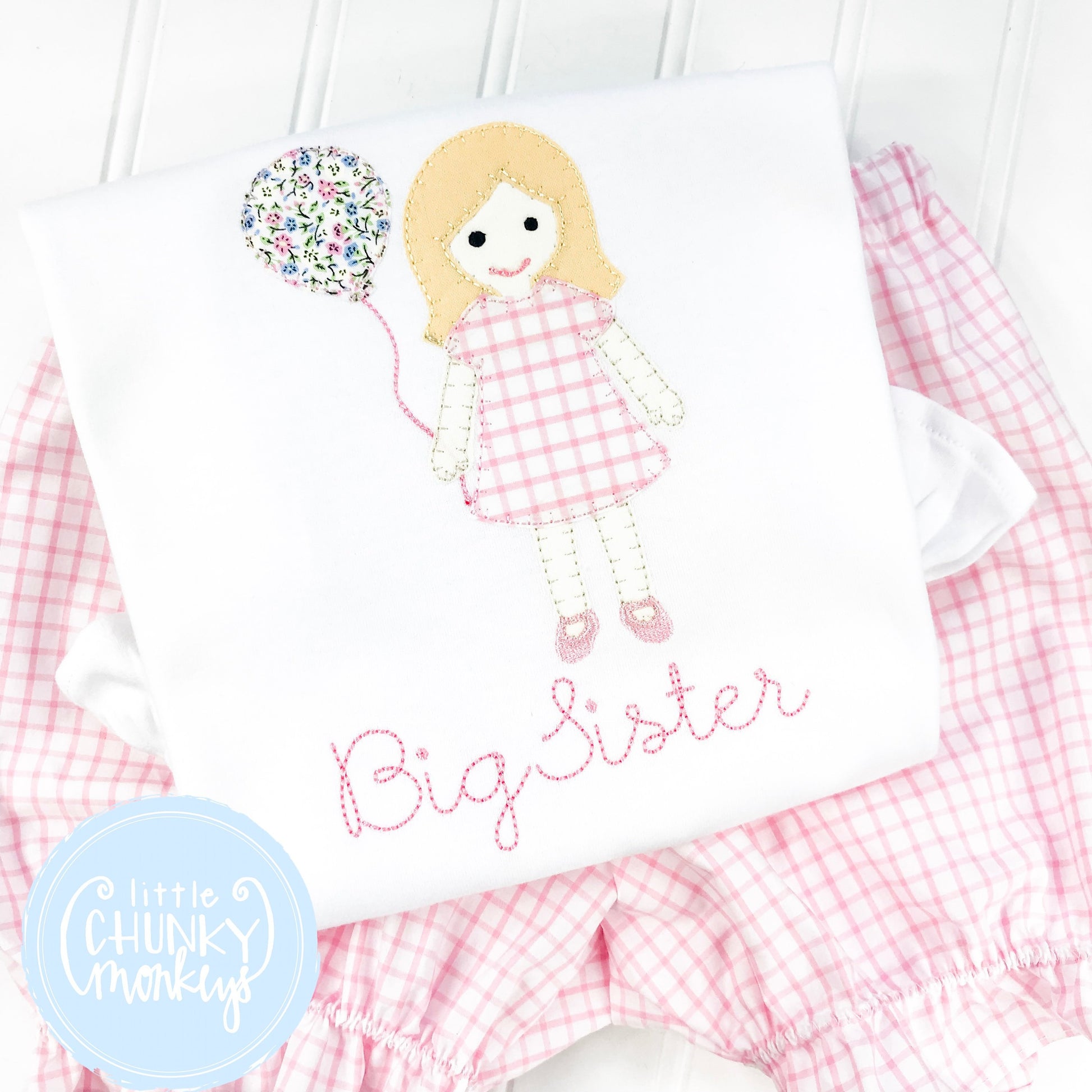 Girl Shirt - Applique Little Girl Holding Balloon with Big Sister Stitched