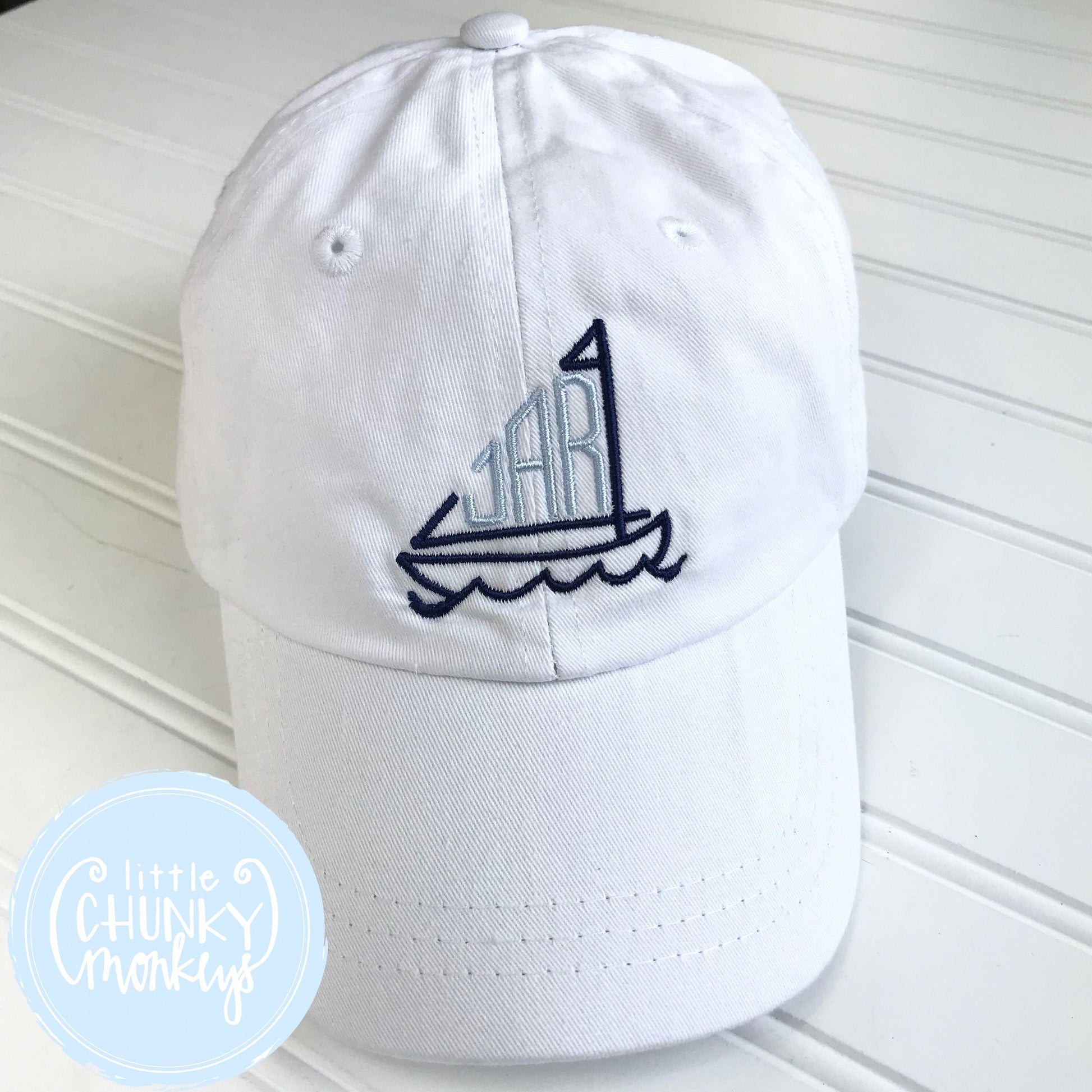 Toddler Kid Hat -White Hat with Stitched Sailboat Monogram