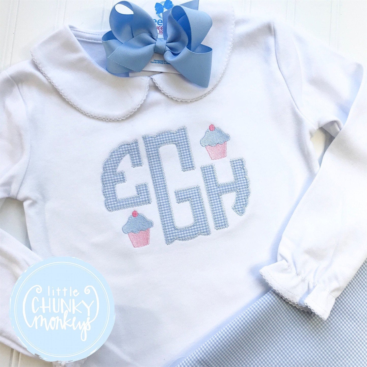 Girl Peter Pan Collar Shirt - Appliqué Monogram with Mini Cupcakes
