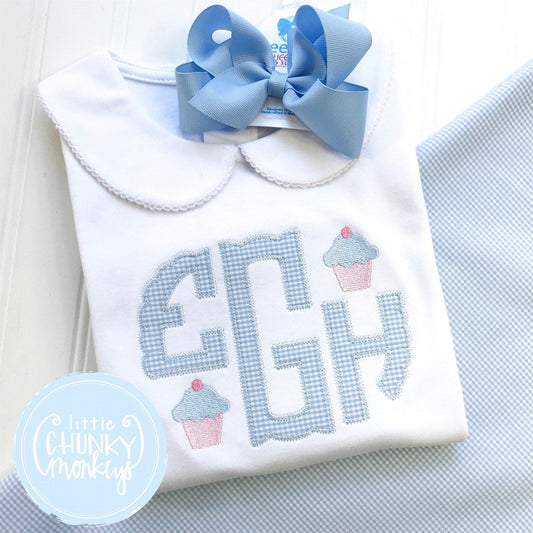 Girl Peter Pan Collar Shirt - Appliqué Monogram with Mini Cupcakes