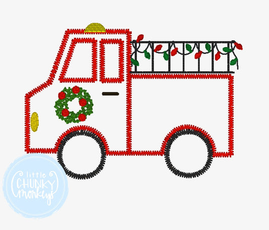 Boy Shirt -Stitched Fire Truck with Christmas Lights