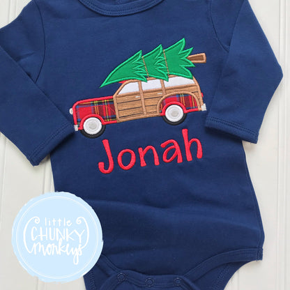 Boy Shirt - Applique Car with Christmas Tree on Top + Personalization