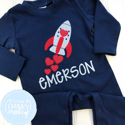 Boy Valentines Romper - Valentine Rocket on Navy Romper