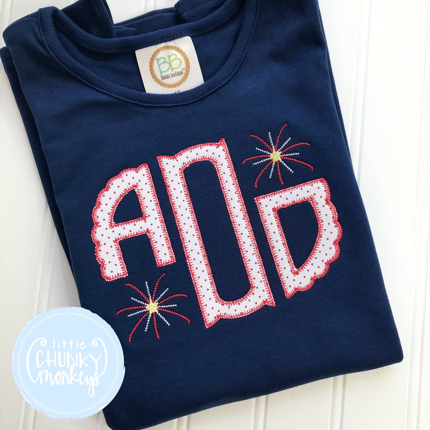Girl Shirt-  Scalloped Monogram Applique with fireworks on Navy Shirt
