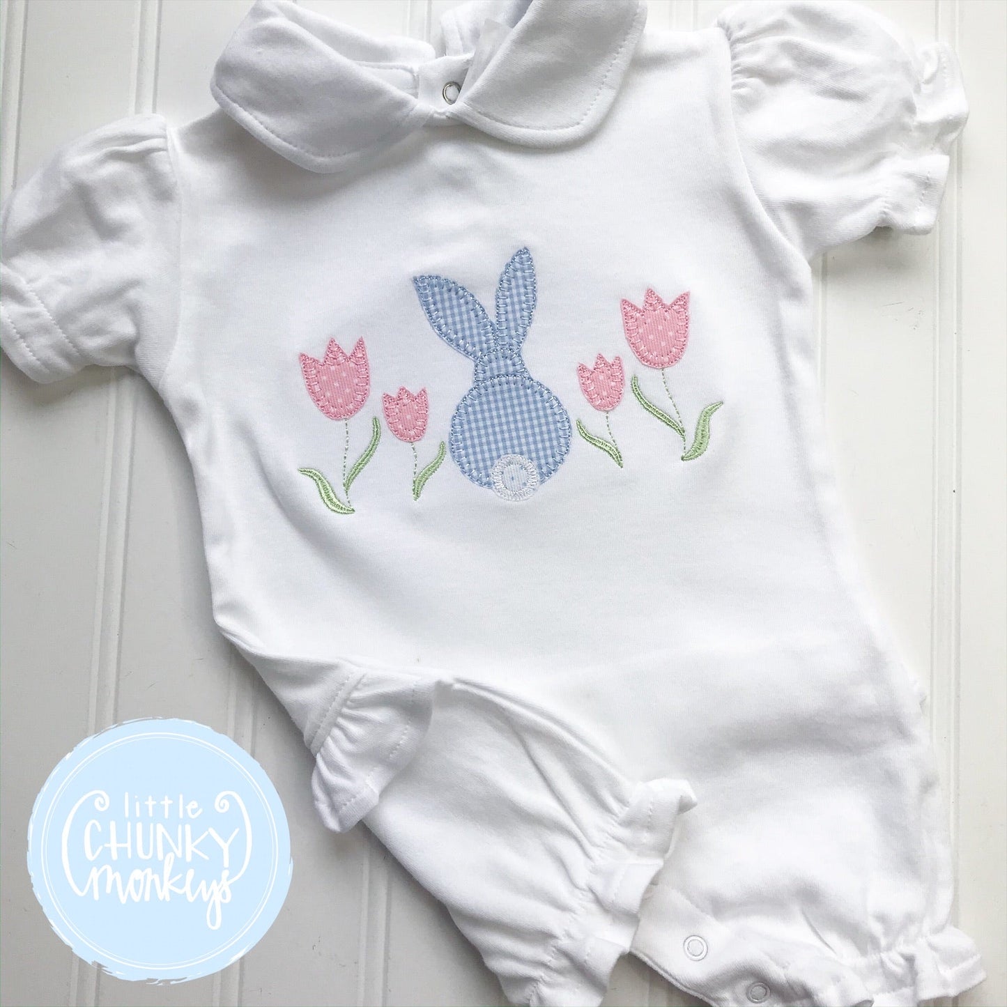 Girls Peter Pan Ruffle Romper with Floral Bunny Applique 0-3m