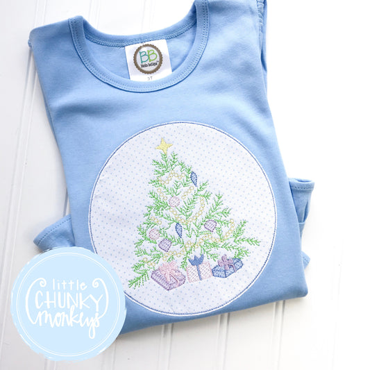 Girl Shirt- Girl Christmas Shirt - Vintage Christmas Tree with Circle Patch on Light Blue Shirt