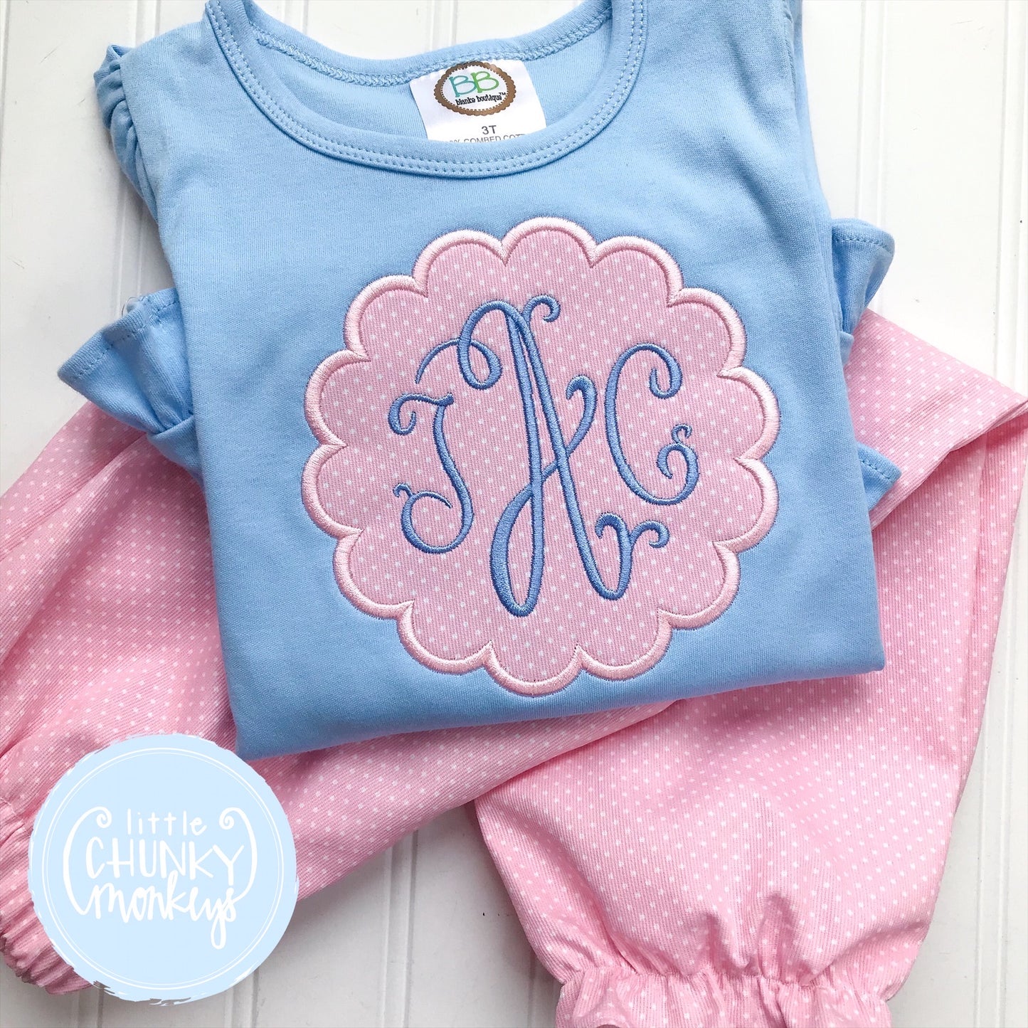 Girl  Shirt - Monogram Applique on a Blue Shirt