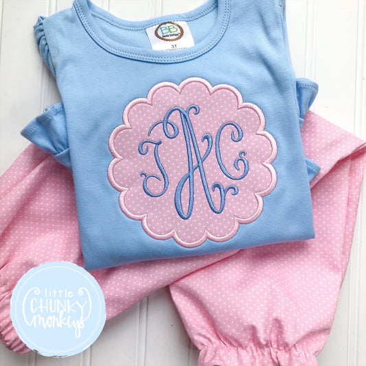 Girl  Shirt - Monogram Applique on a Blue Shirt