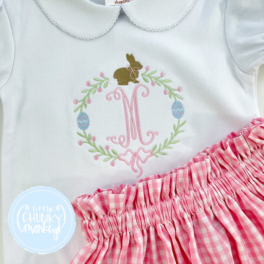 Girl Peter Pan Collar Short Sleeve Shirt -  Bunny Monogram Wreath - 5T "M"