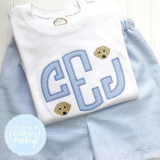 Boy Shirt - Applique Monogram with Mini Blue Puppies