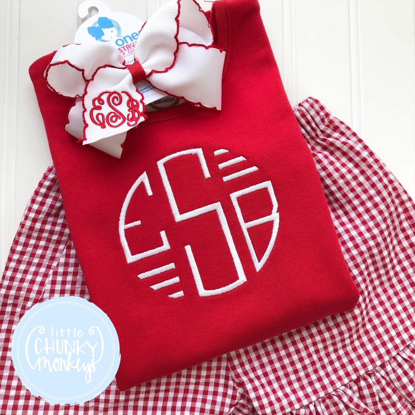 Girl Shirt - Circle Monogram with Bars on Red Shirt